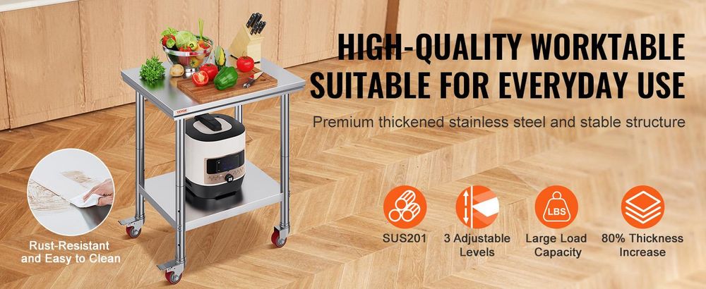 VEVOR Edelstahl Arbeitstisch 30 x 18 x 34 Zoll, 700 LBS Tragfähigkeit mit 4 Rädern, 3 verstellbare Höhenstufen, robuster Lebensmittelvorbereitungstisch für gewerbliche Küchenrestaurants, Silber, 760x600x850 mm
