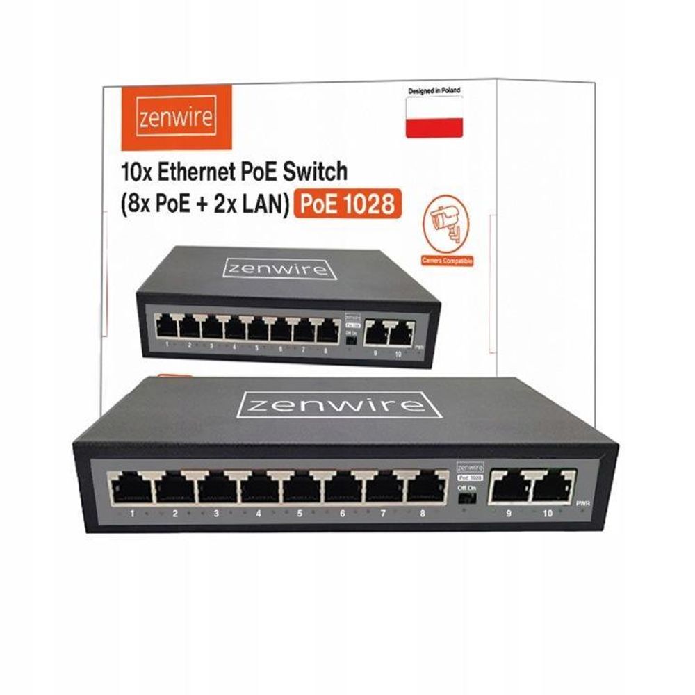Switch, distributore di porte, 10 porte, ZENWIRE, per telecamere IP, 8 POE 2 LAN Ethernet RJ-45