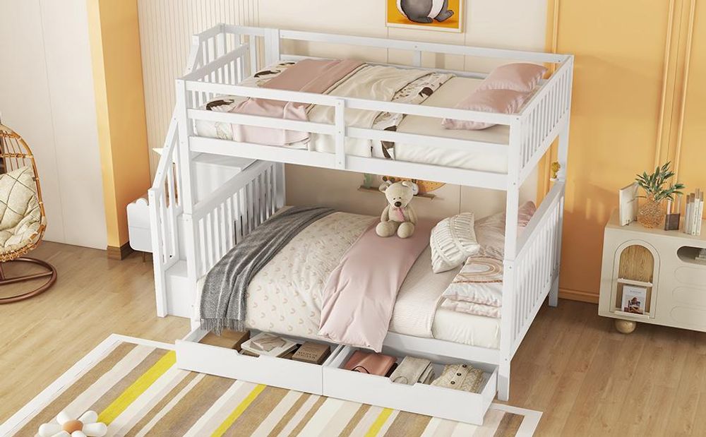 Merax Etagenbett 140x200 cm, Stockbett mit Lagertreppe, 2 Schubladen, hohem Geländer, Zäune, Hochbett, Kinderbett, Massivholzbett, Weiß