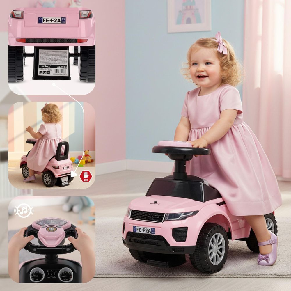 Collage mit Kind auf dem Auto und Detailaufnahmen von Sicherheitsmerkmalen.