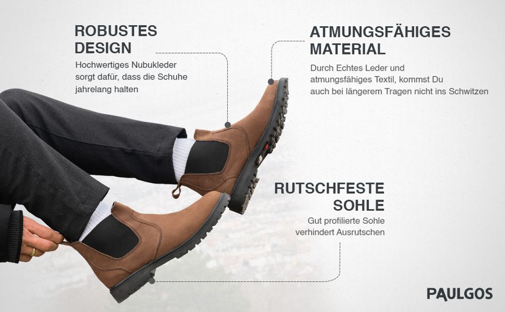 PAULGOS Herren Chelsea Boots Echtes Leder, Stiefeletten Größe 39-47 in 3 Farben