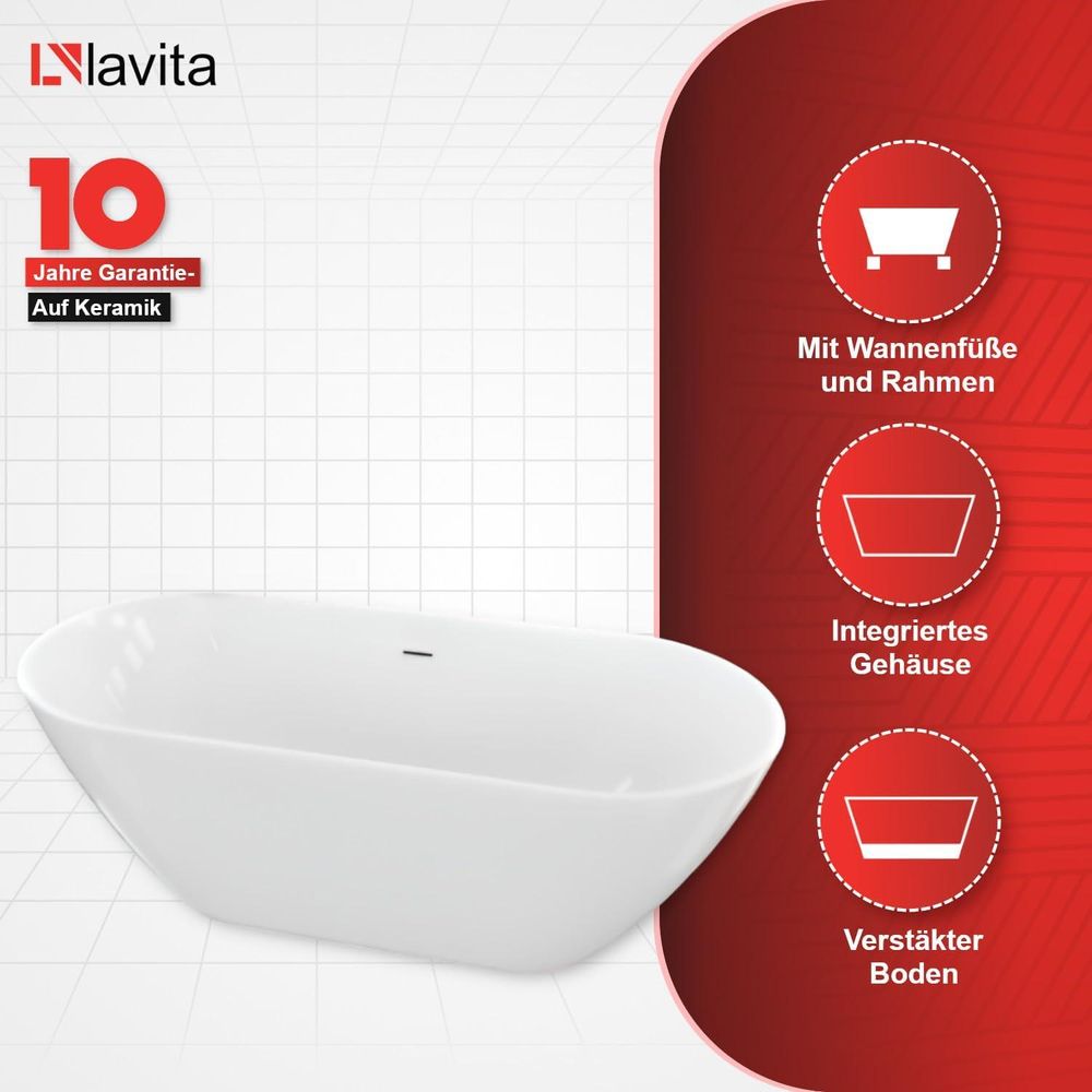 LAVITA Freistehende Badewanne Reus Black 1800 Acryl 180x89x73 cm| Badewannen Oval Form | Moderne | Acryl-Wanne Freistehend 2 Personen | 214 L | Antimikrobielle Beschichtung | Schwarz