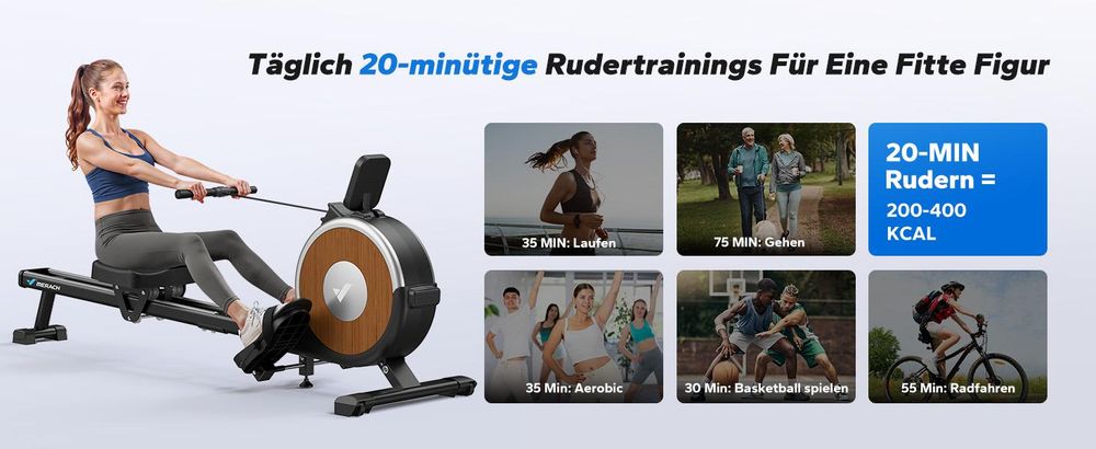 MERACH magnetisches Rudergerät – 16 Stufen Widerstand, Doppelschienen, Bluetooth-App (Kinomap), Tablet-Halter, leise, vertikal klappbar, bis 158 kg