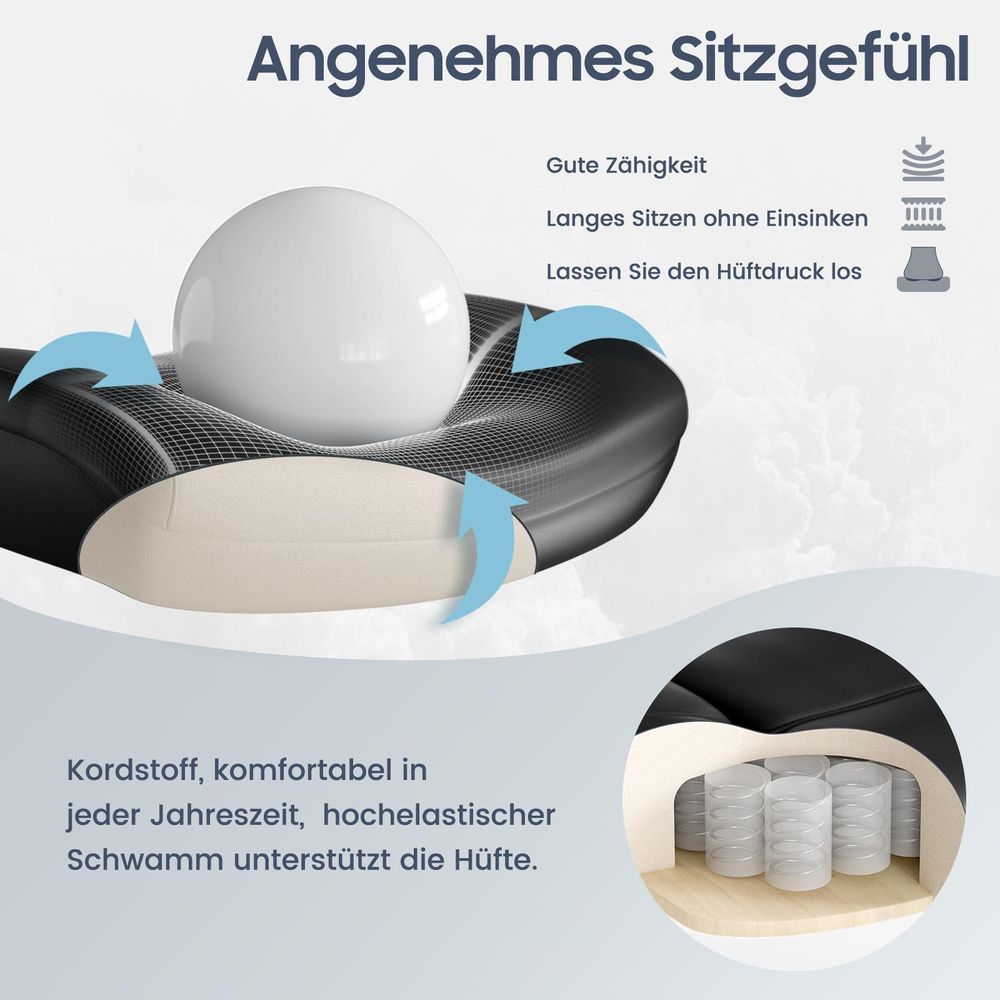Gepolsterte Sitzfläche mit hochelastischem Schaum, druckentlastend für langes Sitzen