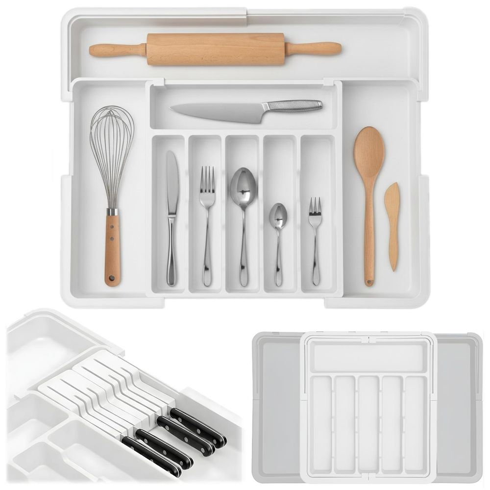 WELLHAUS – Ausziehbare, verstellbare Besteck- und Küchen­schubladen-Organizer – flexibles Raum­wunder für Ihre Küche ( Weiß, 33 x 37 cm -> 56 x 48 cm)