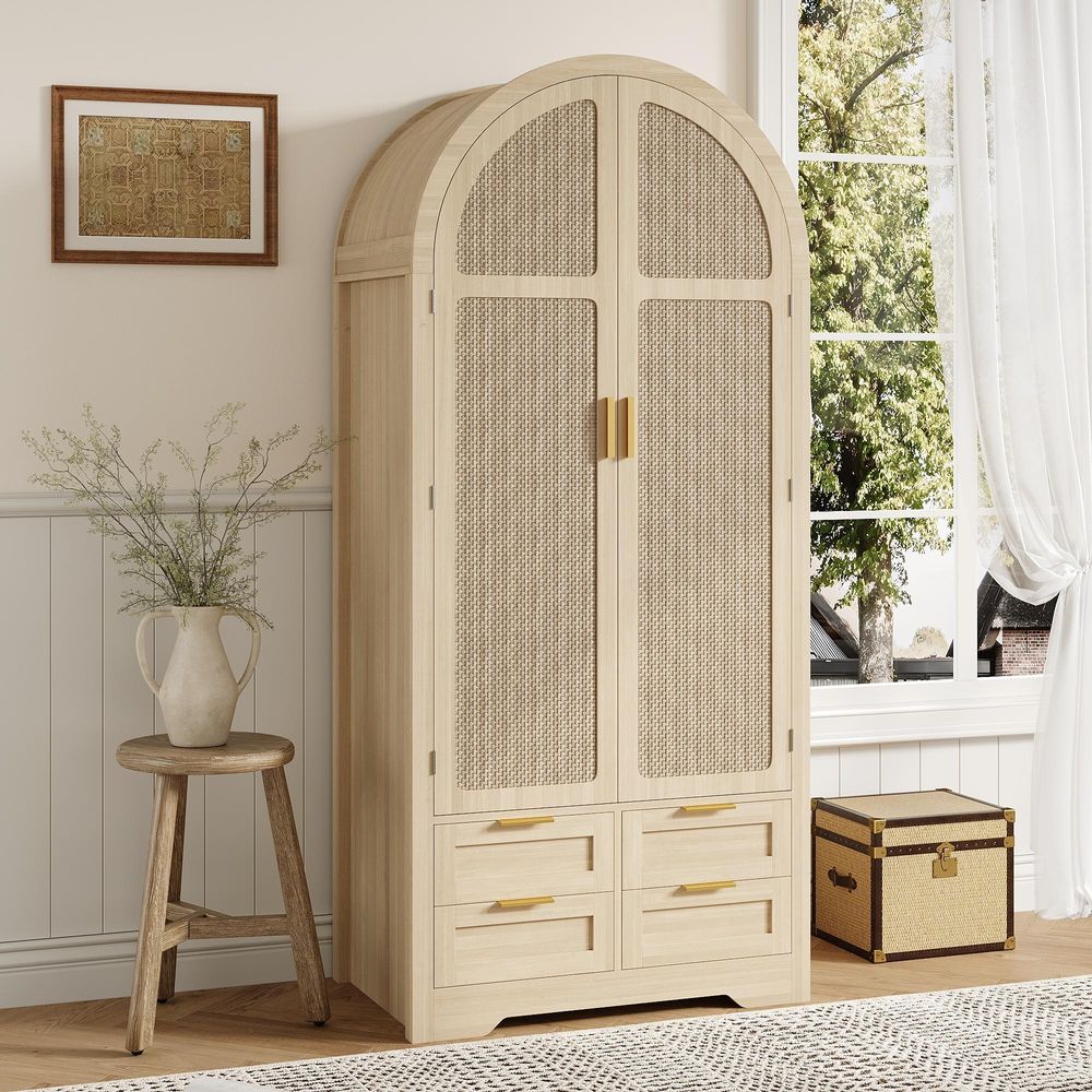 Merax Moderner Kleiderschrank mit gebogenen Türen, Stauraum mit Kleiderstange und Schubladen, Luxus Kleiderschrank für Schlafzimmer und Flur, Natur