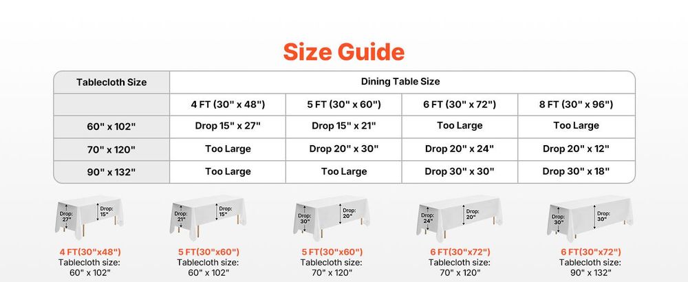 VEVOR Weiße Tischdecken für rechteckige Tische, 6er-Pack, 60 x 102 Zoll, wiederverwendbare und maschinenwaschbare Tischdecken, knitterfreies Polyestergewebe Tischüberzüge für Hochzeit, Party, Bankett, Weiß-6 Stück, 1524x2591 mm