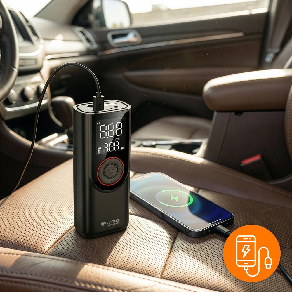 EVI TECH AirSync PRO Akku Kompressor 12 Bar Elektrische Luftpumpe 7500mAh Powerbank USB-C + 12V Kfz-Kabel für Auto Motorrad Fahrrad Tragbar Schwarz