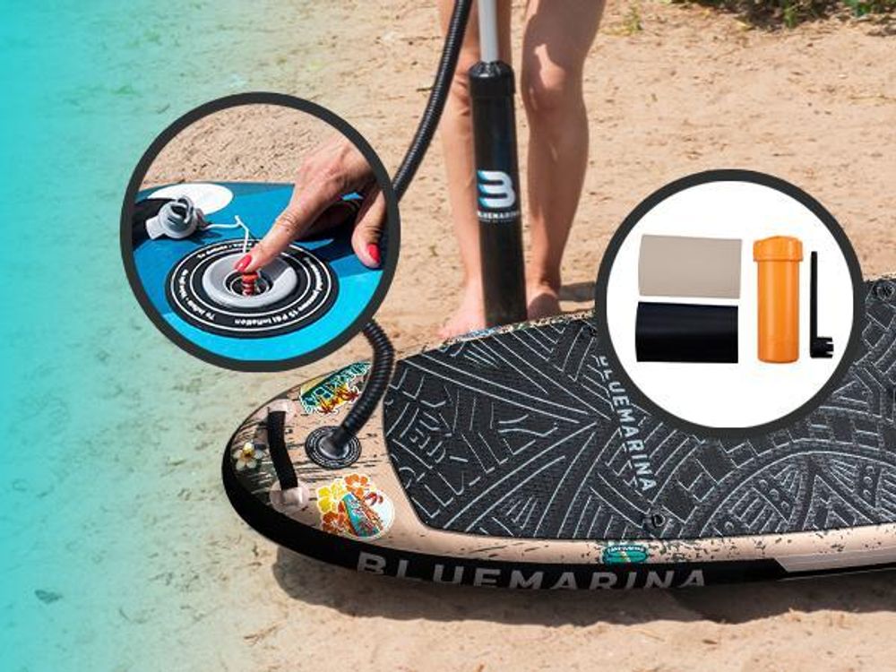 Bluemarina SUP Board Tiki | Stand Up Paddle - Aufblasbar mit Pumpe - Rucksack - 3 Finnen-System - Drop Stitch - Bis 140 Kg (325x86x16,5cm / 10'8")