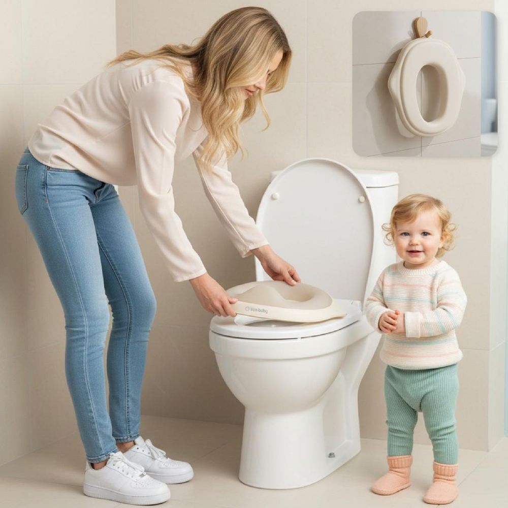 Madre ayudando a su hija a colocar el orinal SUN BABY y orinal colgado en la pared.