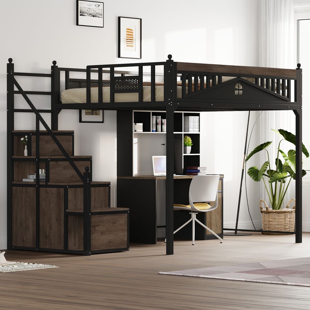 Merax Hochbett 140x200 cm mit Treppenstauraum und Schrank, Etagenbett Tragkraft 120 kg, Modernes Loftbett für Jugendliche & Erwachsene, Schwarz