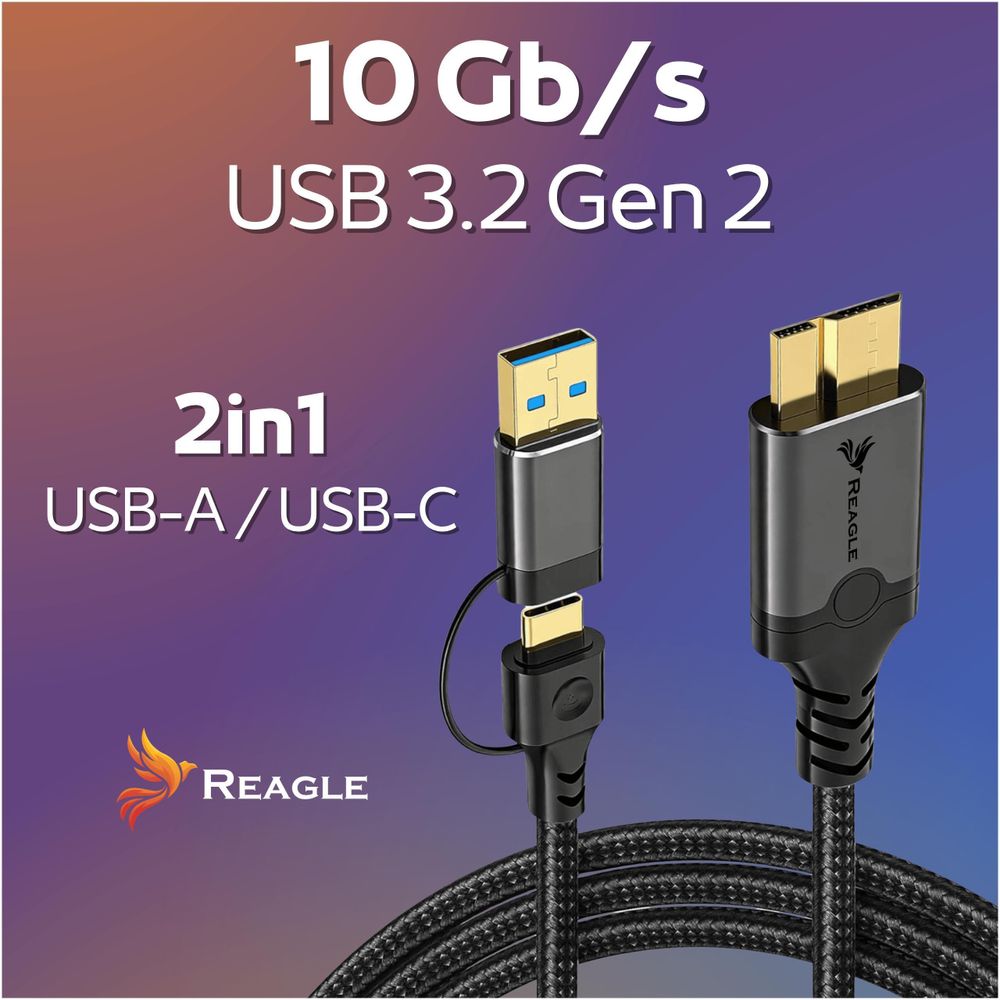 Festplattenkabel USB C USB A auf Micro USB B 3.2 10Gbps 0.5m Reagle 2 in 1 Schnelles Datenkabel Ladekabel für Externe Festplatte Kamera SSD Schwarz