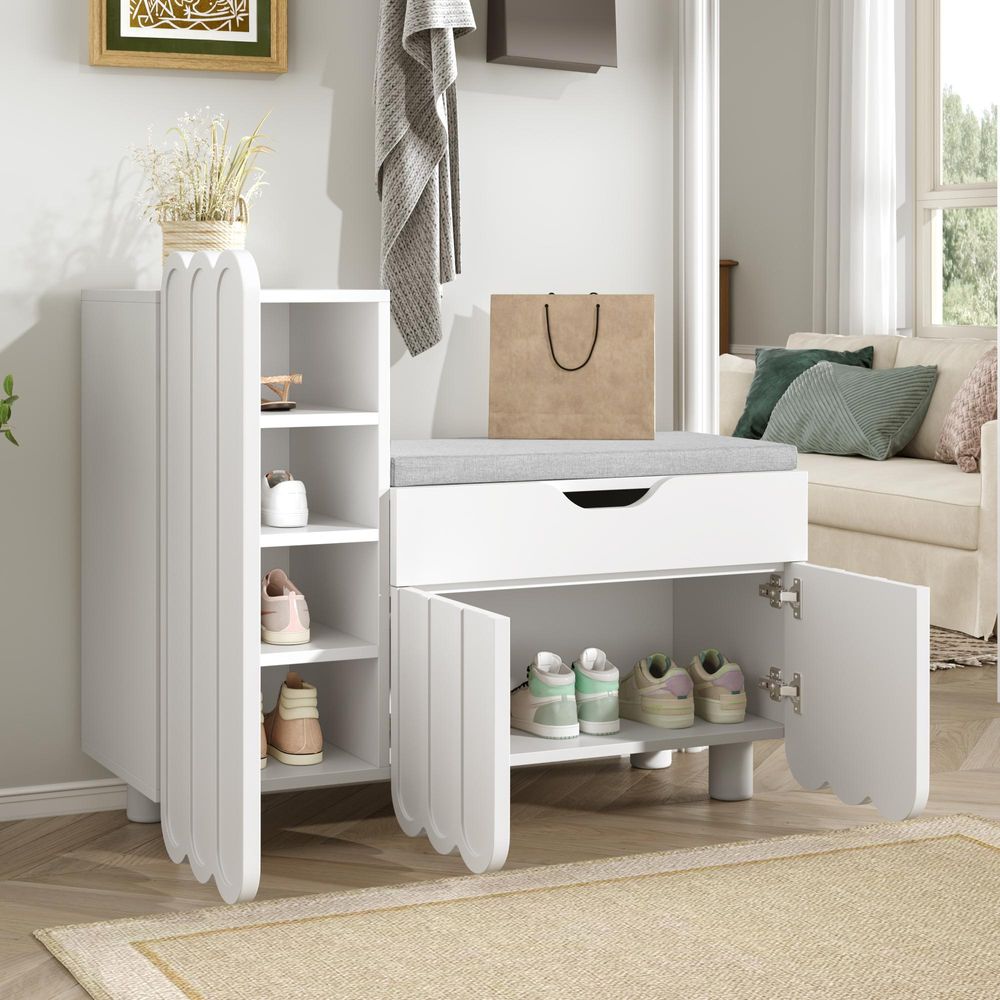 Merax Schuhschrank 90 cm mit 3 Türen, Schublade und Sitzpolster, Schuhregal Flur, Kommode mit Stauraum kompakt, gepolstert sitzbank, modern Weiß