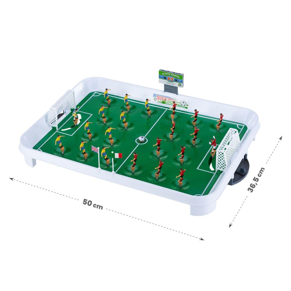 Tischfußballspiel mit seinen Abmessungen. Länge: 50 cm, Breite: 36,5 cm