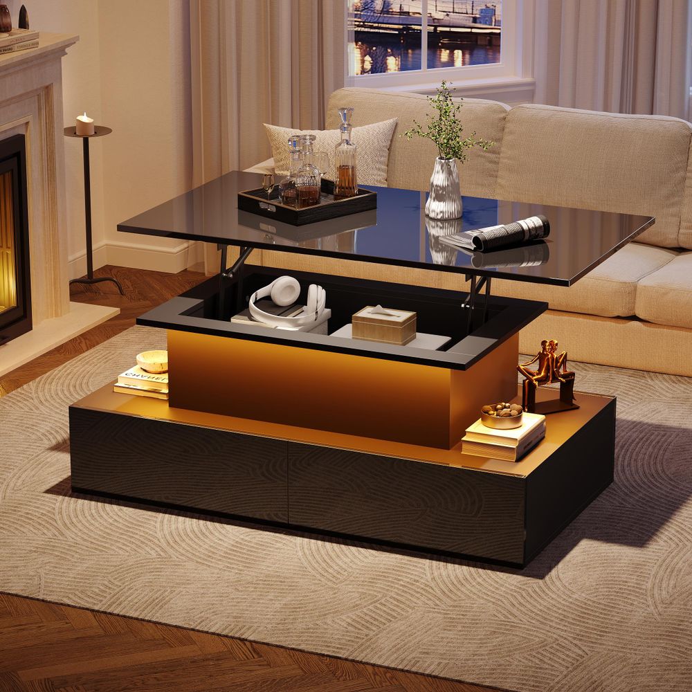 STILVORA 90x55x41cm Hochglanz- Couchtisch Kaffeetisch mit Stauraum,Höhenverstellbarer-Wohnzimmertisch mit APP-Steuerung LED-Beleuchtung,Schwarz