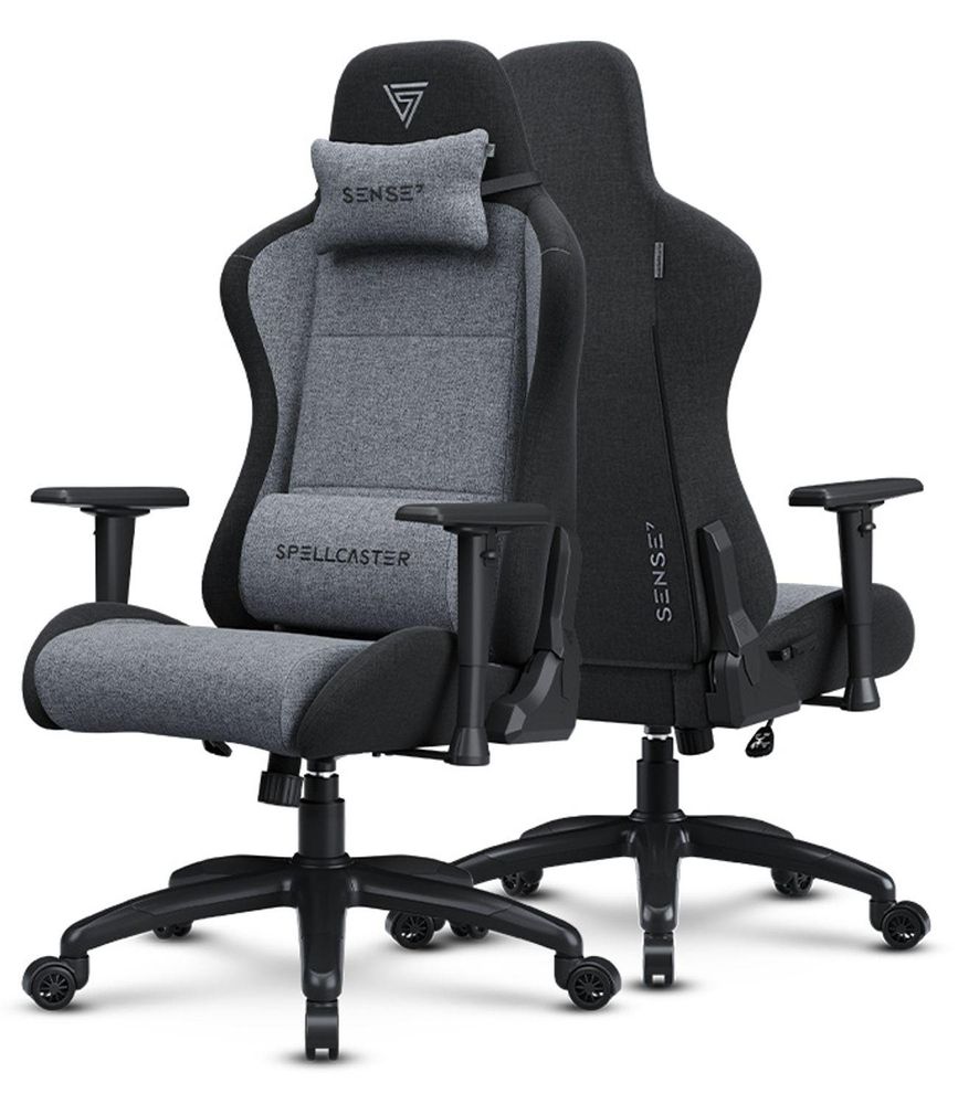 Fotel gamingowy SENSE7 Spellcaster FUKU XL, materiał, szary i czarny – ergonomiczny fotel biurowy, nośność do 160 kg, funkcja kołysania, kółka do twardych podłóg