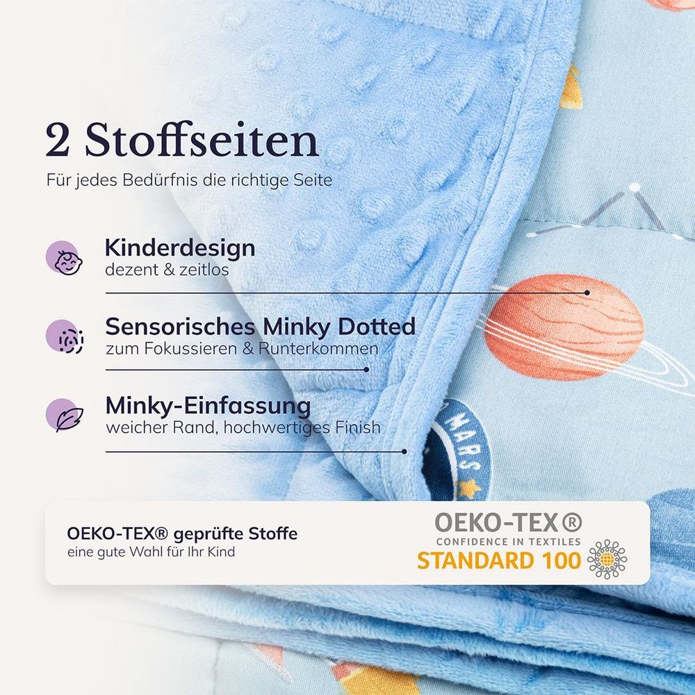 Gewichtsdecke Kinder 150×100 cm, 3,2 kg ZWEI SEITEN FÜR UNTERSCHIEDLICHE BEDÜRFNISSE