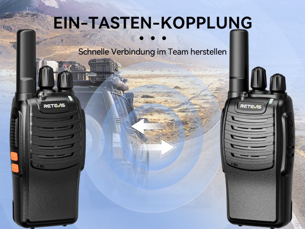 Retevis H777 Funkgerät, Walkie Talkie mit 6 Fach Ladegerät, Taschenlampe, Ein-Klick-Alarm, Frequenzbindung mit Einem Klick, VOX, Robust, Walkie Talkie
