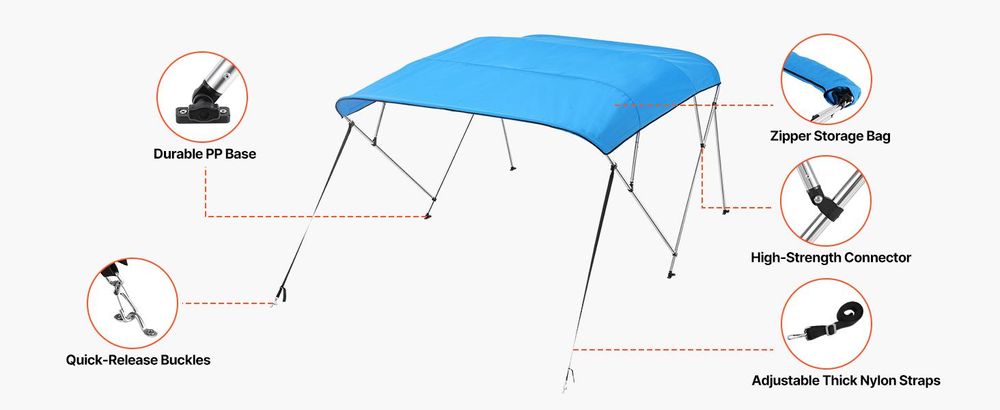 VEVOR 4 Bogen Boot Bimini Tops, 600D Polyester Dach mit Aluminiumlegierungsrahmen, wasserdichtes & Sonnenschutz Bootsunterschlupfdach mit Tragetasche, 2 Stützstangen, 4 Riemen, 96"Lx(73"-78")Wx54"H, Pazifisch Blau, 96x(85-90)x54 Zoll, Pazifisches Blau-c