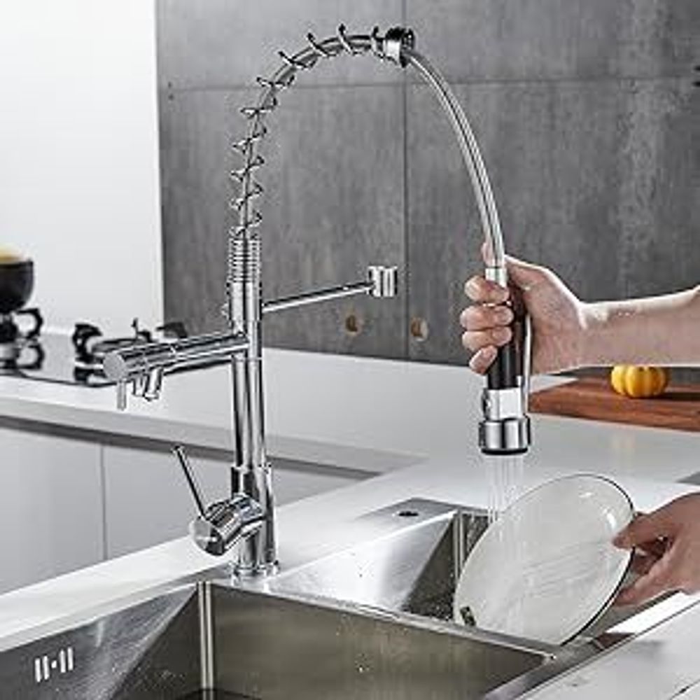 STANEW Wasserhahn Küche, Küchenarmatur, mit 2-Düsen, gebürsteter Messingfederhahn 360° drehbar mit Pull Down Mixer Sprühkopf, mit 2-Ausgängen (Jet und Spray) Sprühkopf Hochdruck, verchromtes Messing