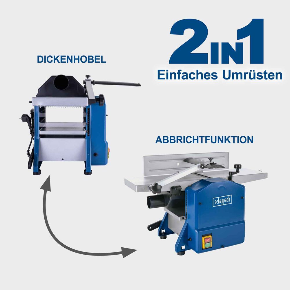 Das Bild zeigt das einfache Umrüsten der HMS850 Maschine vom Dickenhobel zu der Abrichtfunktion.