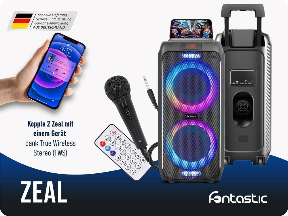 Fontastic Party-Lautsprecher Zeal 600 - Bluetooth Lautsprecher mit USB-Wiedergabe, AUX und MicroSD  - Karaoke Box mit Mikrofon - tragbares Soundsystem