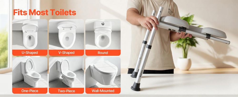VEVOR Erhöhter Toilettensitz, 7-fache Höhenverstellung 490 - 640 mm, 158,7 kg Tragfähigkeit, mit gepolstertem Aluminiumrahmen, universeller Toilettensitzerhöher, für Senioren, Behinderte, Schwangere, medizinisch, Vier-Fuß Bodenstehender Typ, Maximale Belastung: 400 lbs