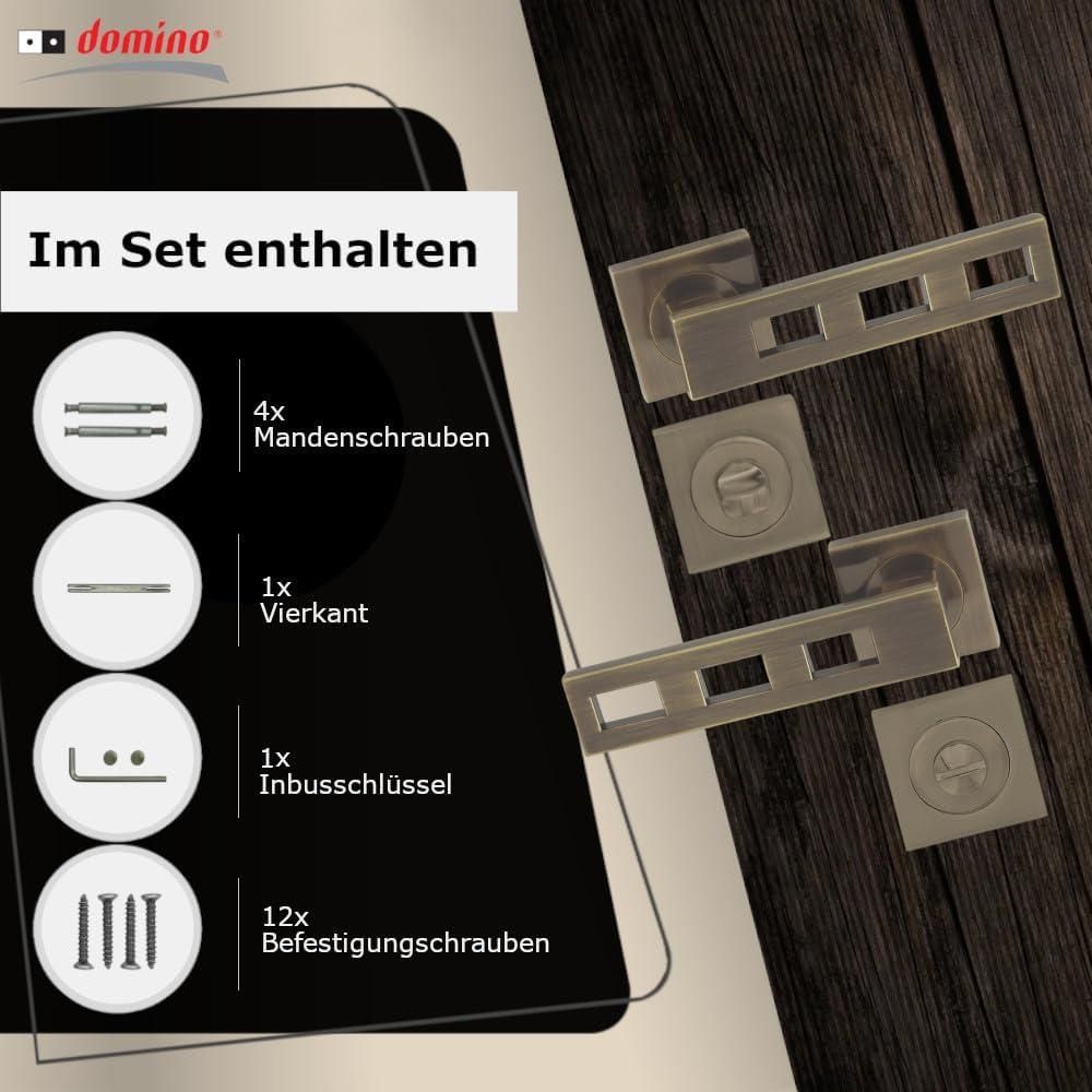 DOMINO Türgriff Drückergarnitur WC - Badezimmer Set | Vierkant-Rosette | Türbeschlag für Badezimmertüren | Set WC - Rosetten-Garnitur | Türklinke aus Aluminium | Bronze Türdrückergarnitur | TRE-QR M3