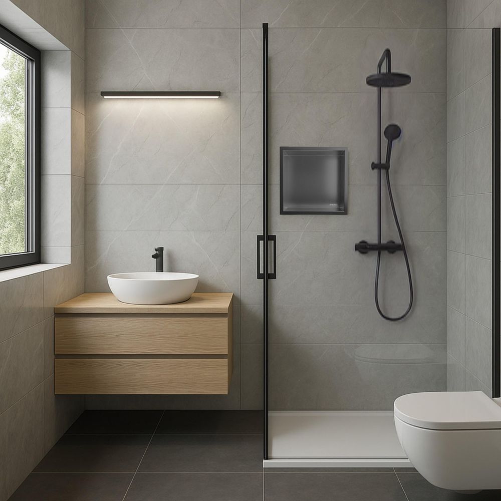 Modernes Badezimmer mit Walk-in Dusche und Nischenregal - Wandnische für Kosmetik und Shampoo