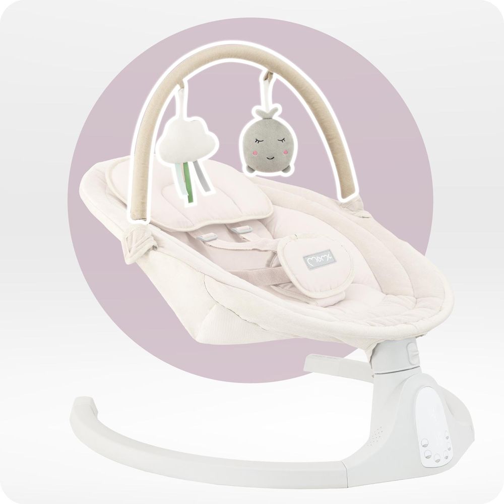 MoMi KENANI SAND – Elektrische Babywippe mit Bluetooth, Fernbedienung, LED-Display & 5 Stufen, inkl. Spielzeug – Beige