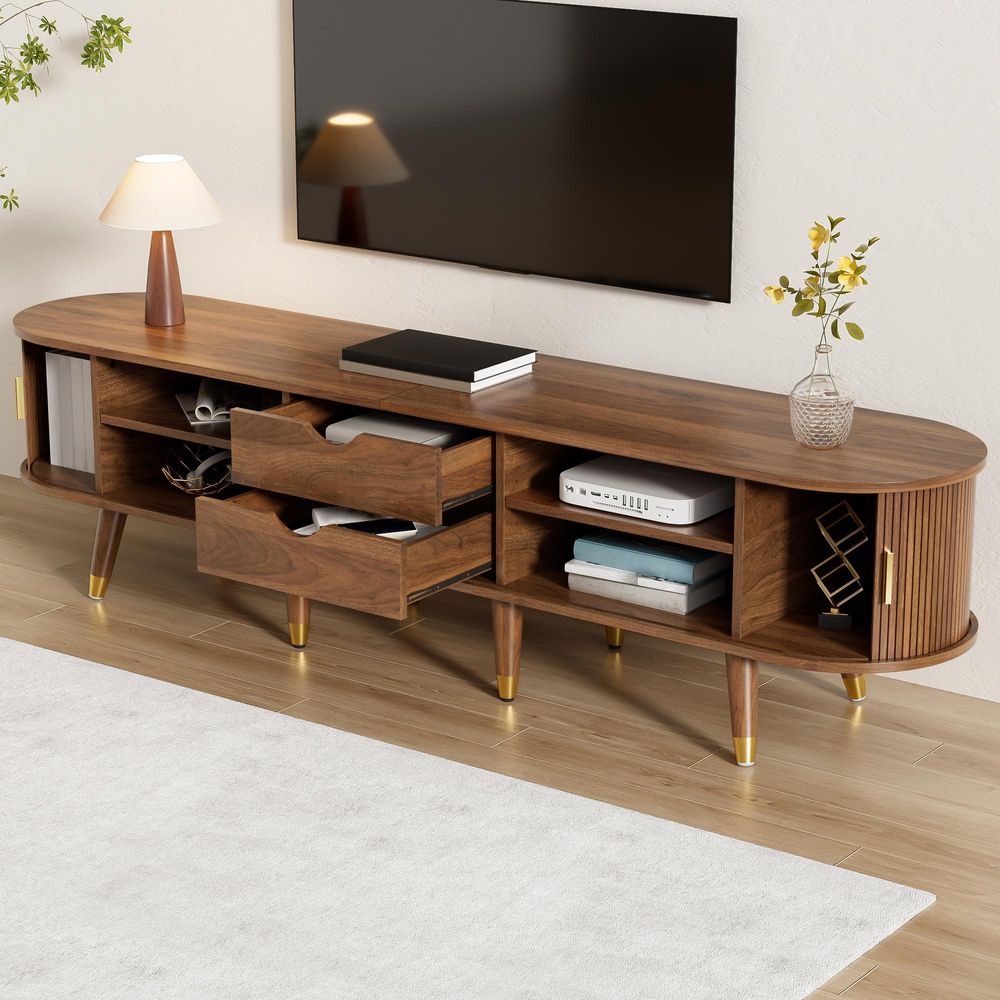 TV-Schrank 175 cm in Walnussoptik mit Rattan-Schiebetüren