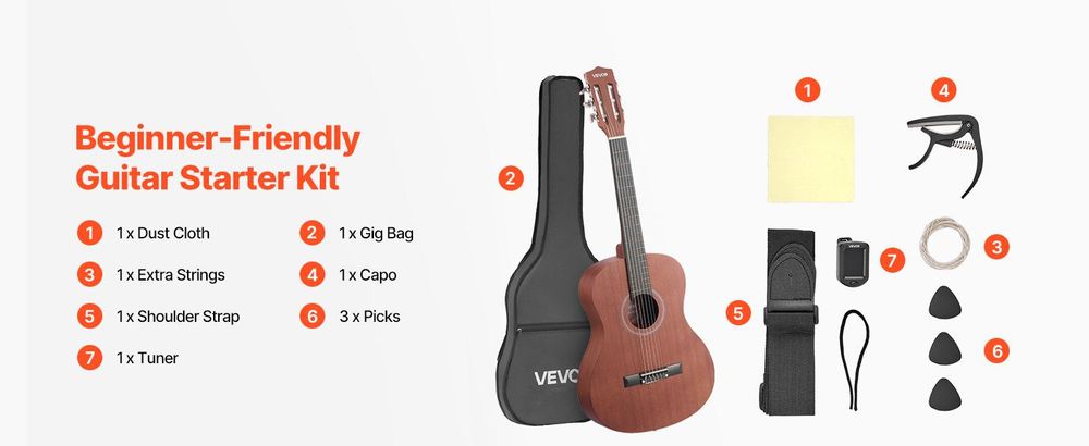 VEVOR Konzertgitarre, 900 mm, Holz Konzertgitarre Starter-Kit für Anfänger, mit Nylonsaiten, Gigbag, Gurt, Stimmgerät, zusätzliche Saiten, Plektren, Kapodaster, Sapele & Rosenholz, für Kinder Mädchen Jungen, Natur, 900 mm (36 inch), Natürlich