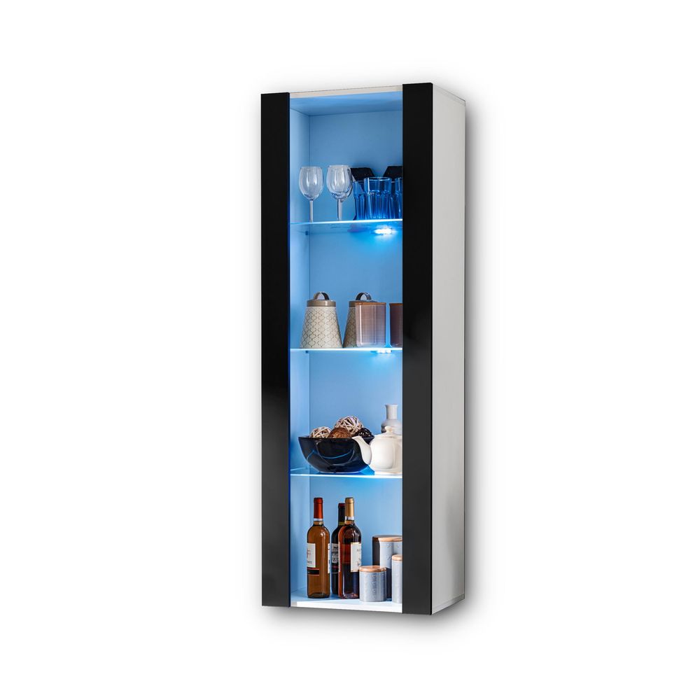 Komodee | Wohnwand Wohnzimmerset Tivoli Grande, Korpus Weiß Matt Frontfarbe Schwarz Matt, LED Blau