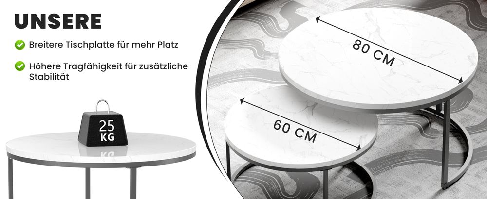 okwish Couchtisch 2er-Set, MDF Satztisch Beistelltisch für Schlafzimmer Balkon, Satztische fürs Wohnzimmer, Wohnzimmertisch, Schwarz+Weiß