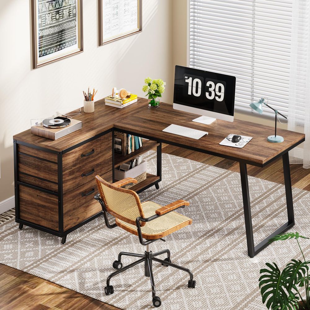 Tribesigns L-förmiger Computertisch mit 3 Schubladen, wendbarer Eckschreibtisch mit Regalen, 134 cm PC-Schreibtisch Studie Schreibtisch, braun