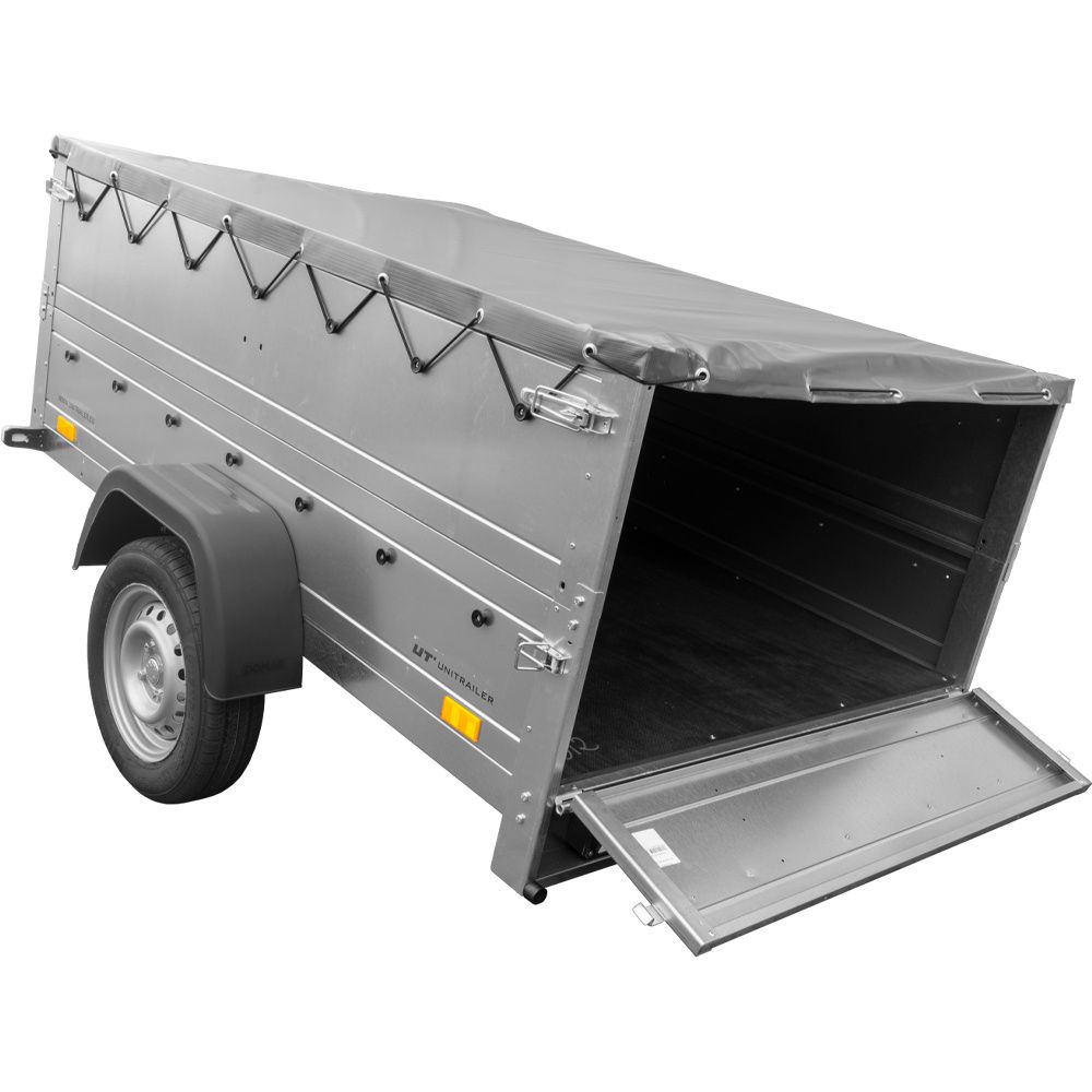 Pkw Anhänger kippbar 750 kg GARDEN TRAILER 201 KIPP mit zusätzlichen Bordwänden, Stützrad und grauer Flachplane