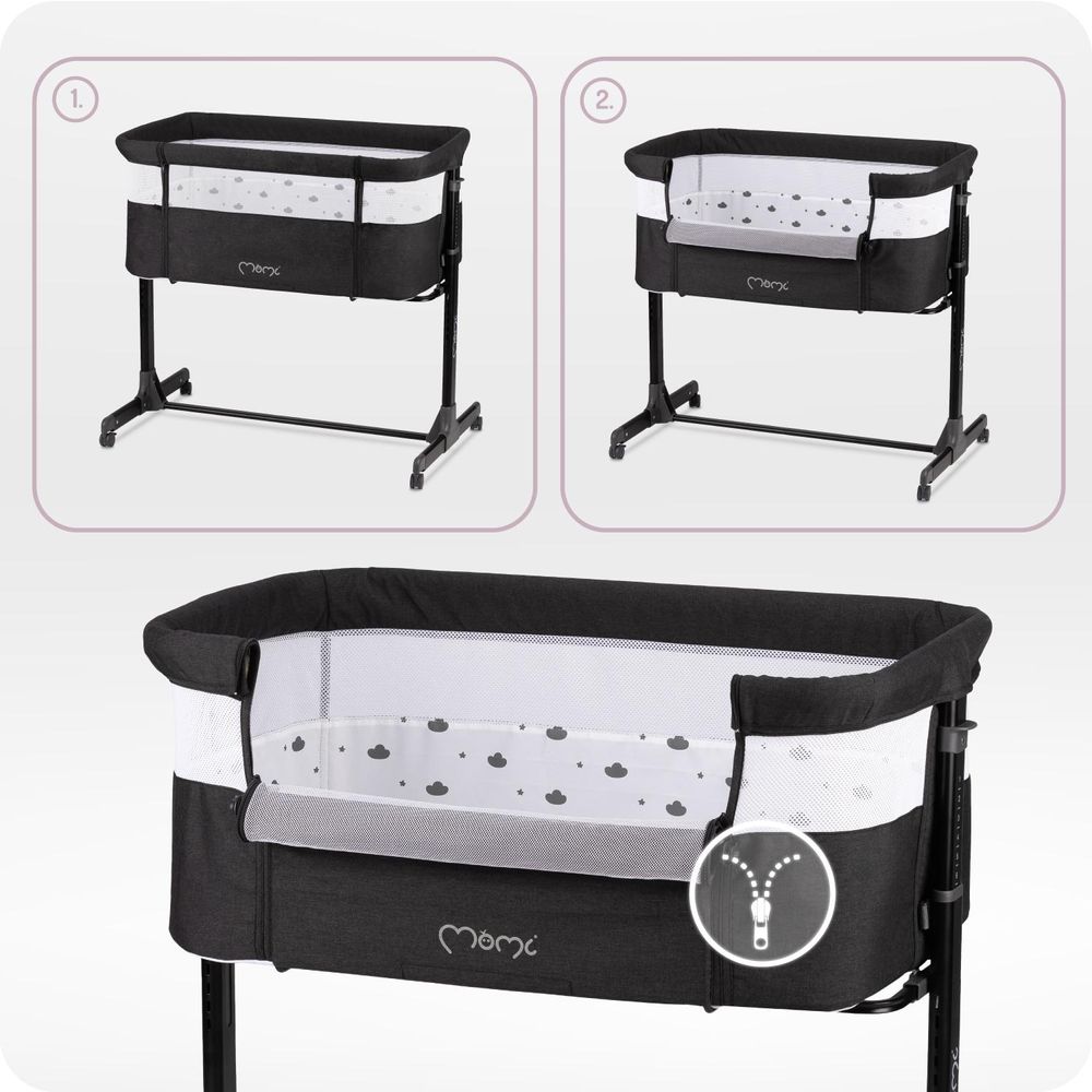 MoMi REVO – 2-in-1 Beistellbett & Babybett, höhenverstellbar mit Neigungsverstellung, inkl. Matratze, Spielzeug & Moskitonetz – Dunkelgrau