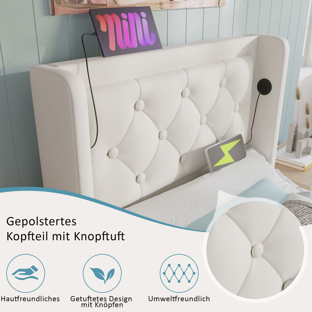 Flieks Polsterbett 90x200cm mit USB & Typ-C, Einzelbett Jugendbett mit LED, Hydraulisches Stauraumbett Boxspringbett mit Lattenrost, Kunstleder, Weiß