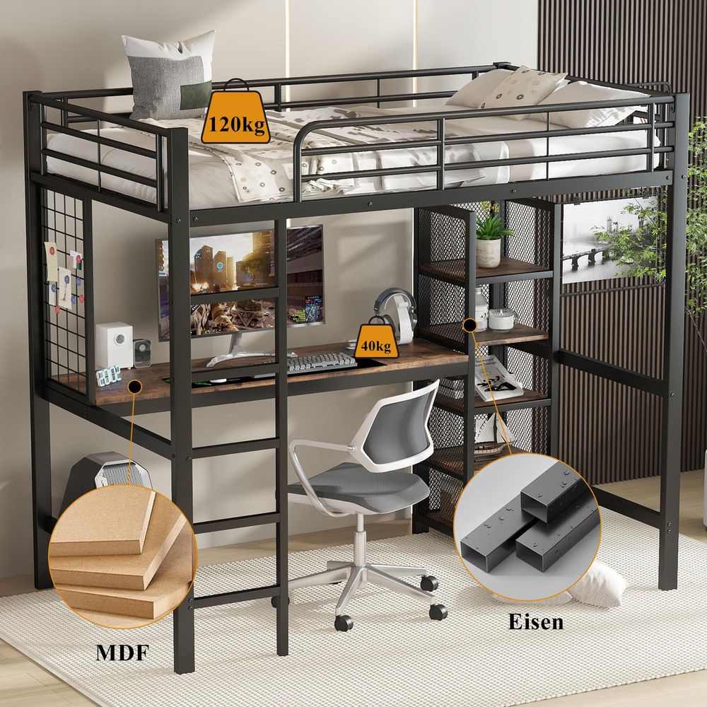 Merax Hochbett 90x200 mit Tisch und Regal, Kinderbett mit Metallgitter und Leiter, Geländer, platzsparend & stabil, Eisen+MDF, Schwarz + dunkles Holz