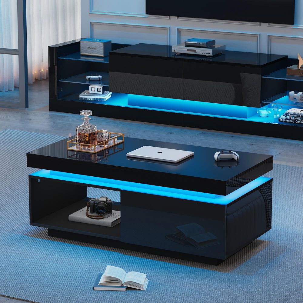 STILVORA Couchtische Beistelltische, Wohnzimmertisch, Hochglanz Satztisch mit LED-Licht,Rechteckiger-Beistelltisch Kaffeetisch mit Schubladen, Schwarz