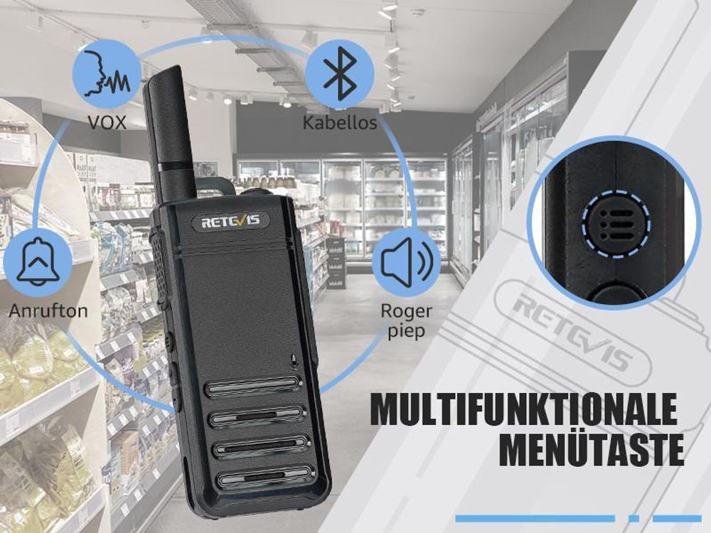 Retevis RB639P Funkgeräte mit Bluetooth-Headsets, ultraflaches Walkie Talkie, VOX, USB-C, PMR446, für Schule, Restaurant, Supermarkt