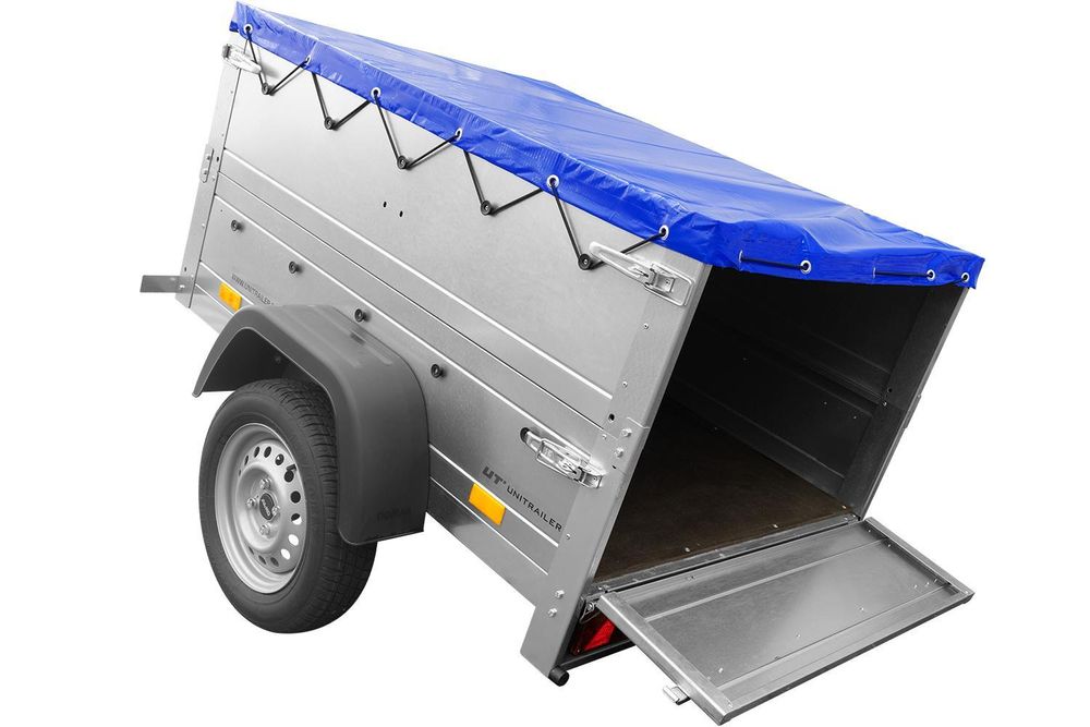 Pkw Anhänger Neu GARDEN TRAILER 150 KIPP mit zusätzlichen Bordwänden, Stützrad und blauer Flachplane