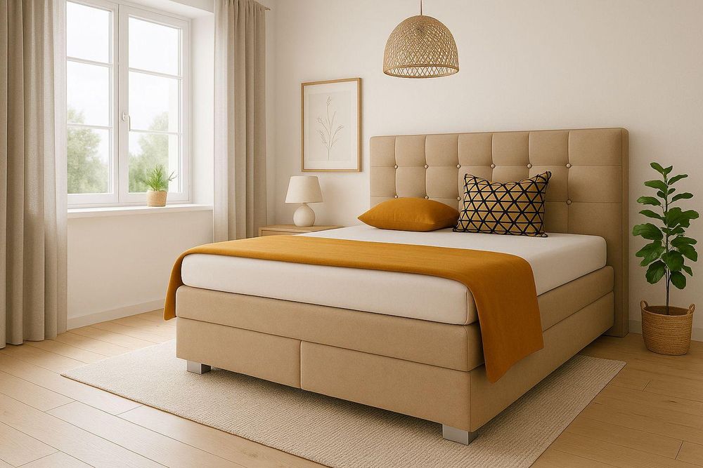 Boxspringbett VERONA 160 x 200 cm mit zwei 7-Zonen-Taschenfederkernmatratzen und gepolstertem Kopfteil. Farbe Beige