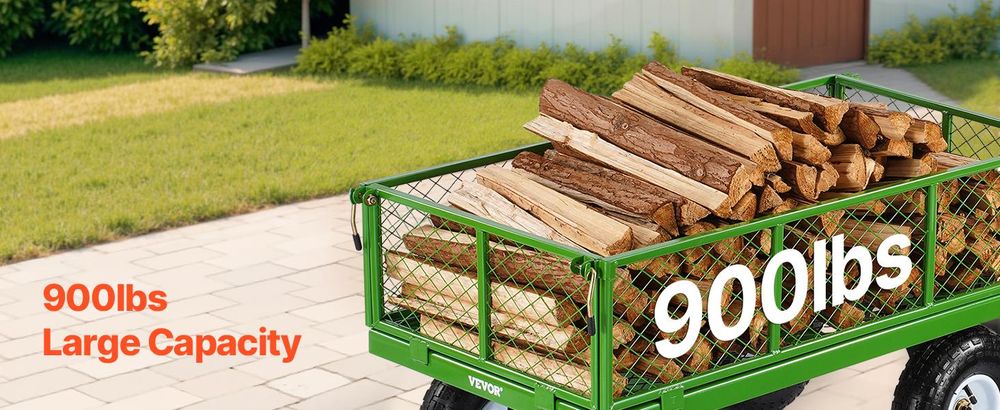 VEVOR 1200 Lbs Stahl Gartenwagen, Schwerlast Ziehbarer Gartenwagen, 2 in 1 Outdoor Metall Nutzwagen mit 13" All-Terrain Reifen, Abnehmbare Netzseiten und 180° drehbarem Griff, Grün-900 lbs