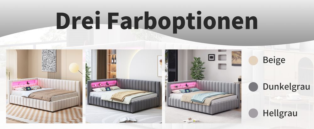 MODFU Schlafsofa Tagesbett 140x200cm mit LED-Licht und USB-Ladeanschluss,Polsterbett Daybett mit mit Rückenlehne, Kinderbett Jugendbett,Hellgrau(Ohne Matratze)