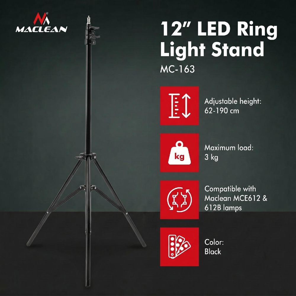Stativ für 12" Ringlicht Regulierbare Höhe 62-190 cm Beleuchtungsstativ Lampenstativ 3kg Traglast Lichtstativ
