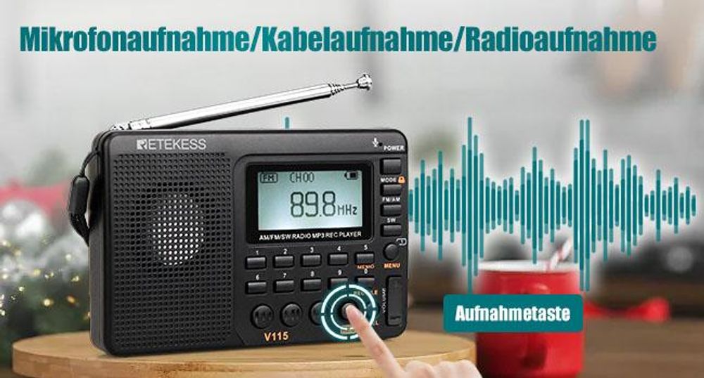 Retekess V115 Tragbares Radio,Radio AM FM SW mit 1000mAh Wiederaufladbare Batterie, 32 GB TF Karte, Weihnachtsgeschenke für die Familie