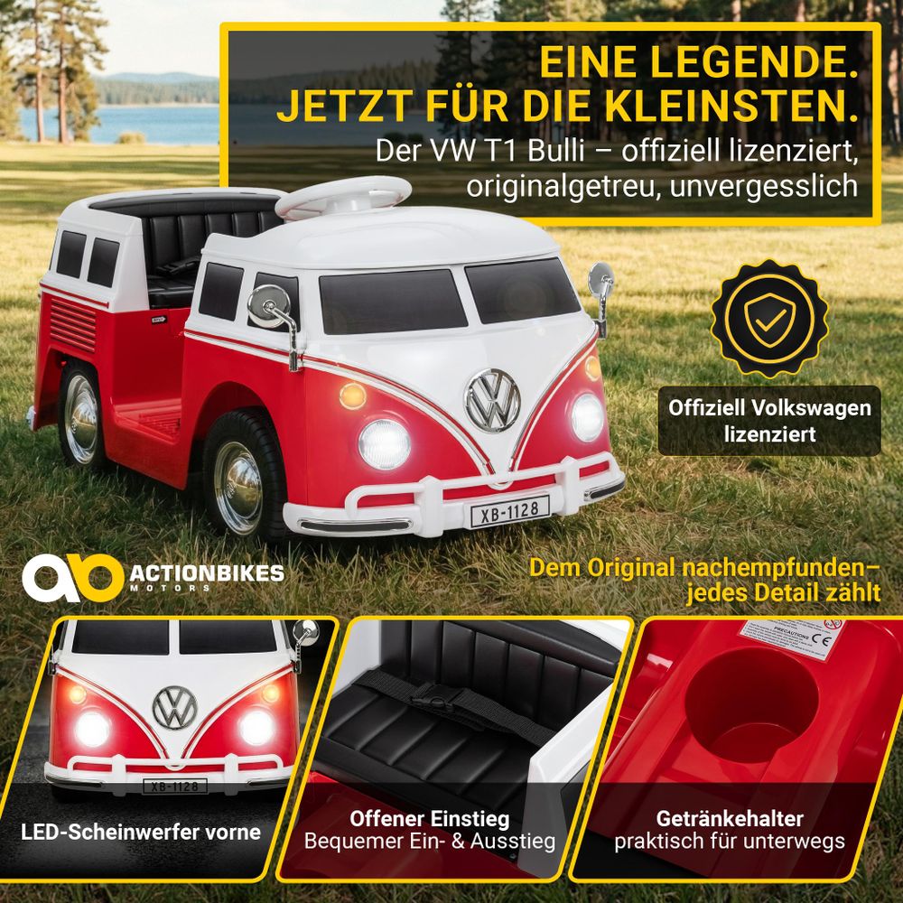 Actionbikes Motors Kinder Elektroauto VW Bus T1 | Camper- Spielzeugauto - Kinderauto elektrisch - Elektrofahrzeug - mit Fernbedienung - ab 3 Jahre Rot