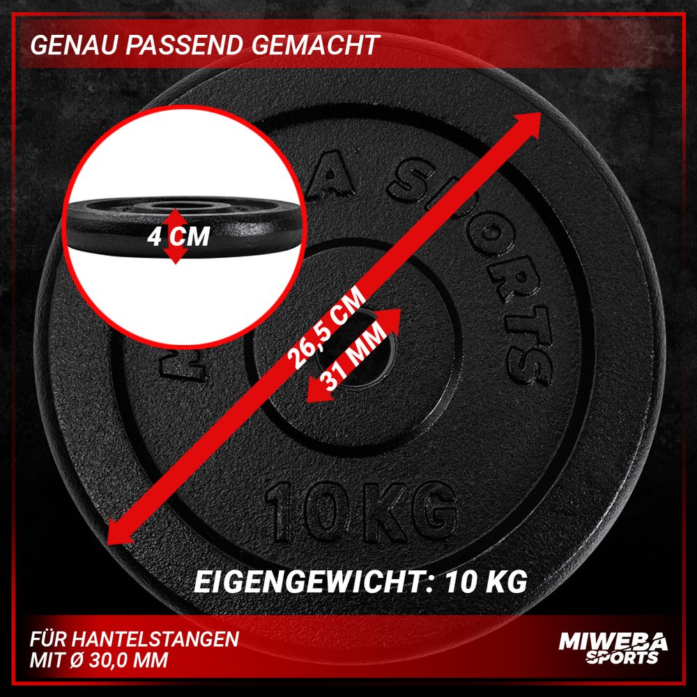 Miweba Sports Hantelscheiben Set | Gusseisen - Hantelgewichte - Gewichtsscheiben - Fitness Scheiben - Gewichte für Hantel - Ø30mm - Schwarz - 2x10 kg