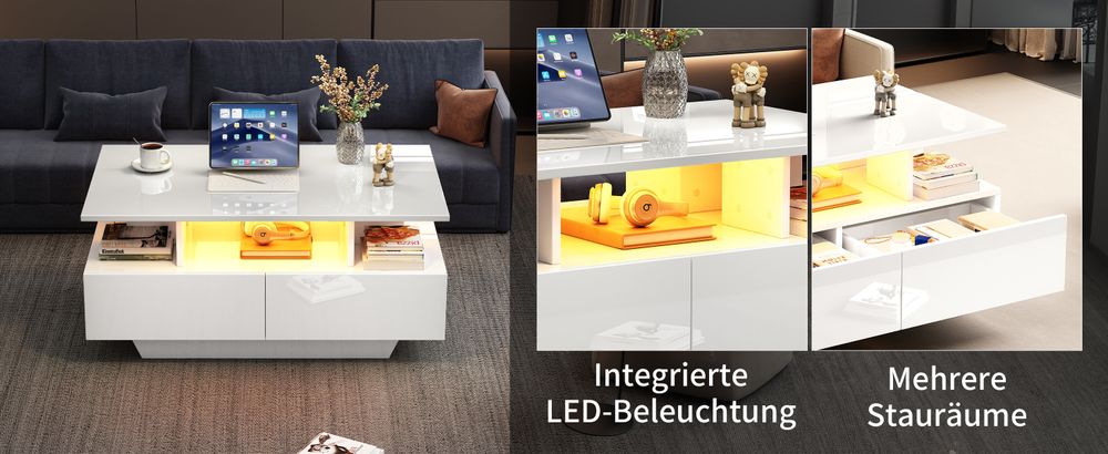 okwish Hochglanz-Couchtisch Beistelltisch mit LED-Beleuchtung und 2 Schubladen,90x55x41–Beistelltisch mit Stauraum,Belastbar bis 30 kg, Weiß